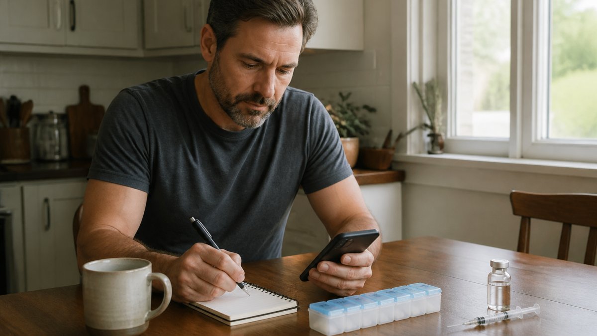 Man logging symptoms and TRT dosage in a notebook while tracking injection frequency at a kitchen table.