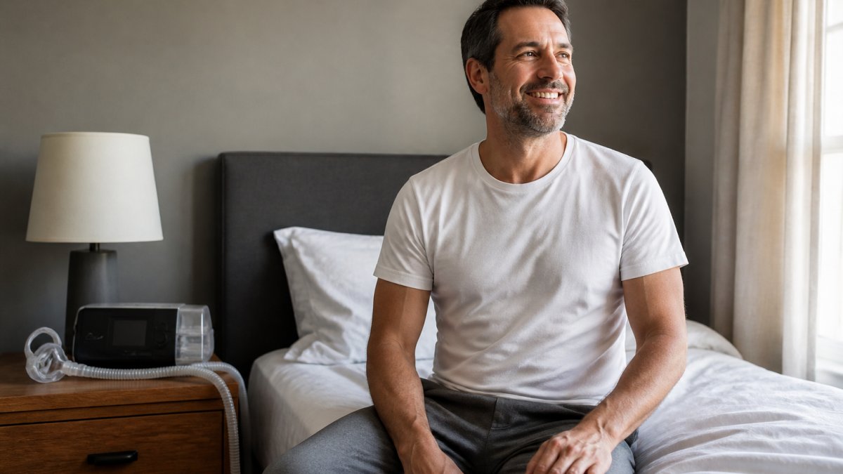 Man sitting on his bed feeling rested after using his sleep apnea treatment machine overnight.