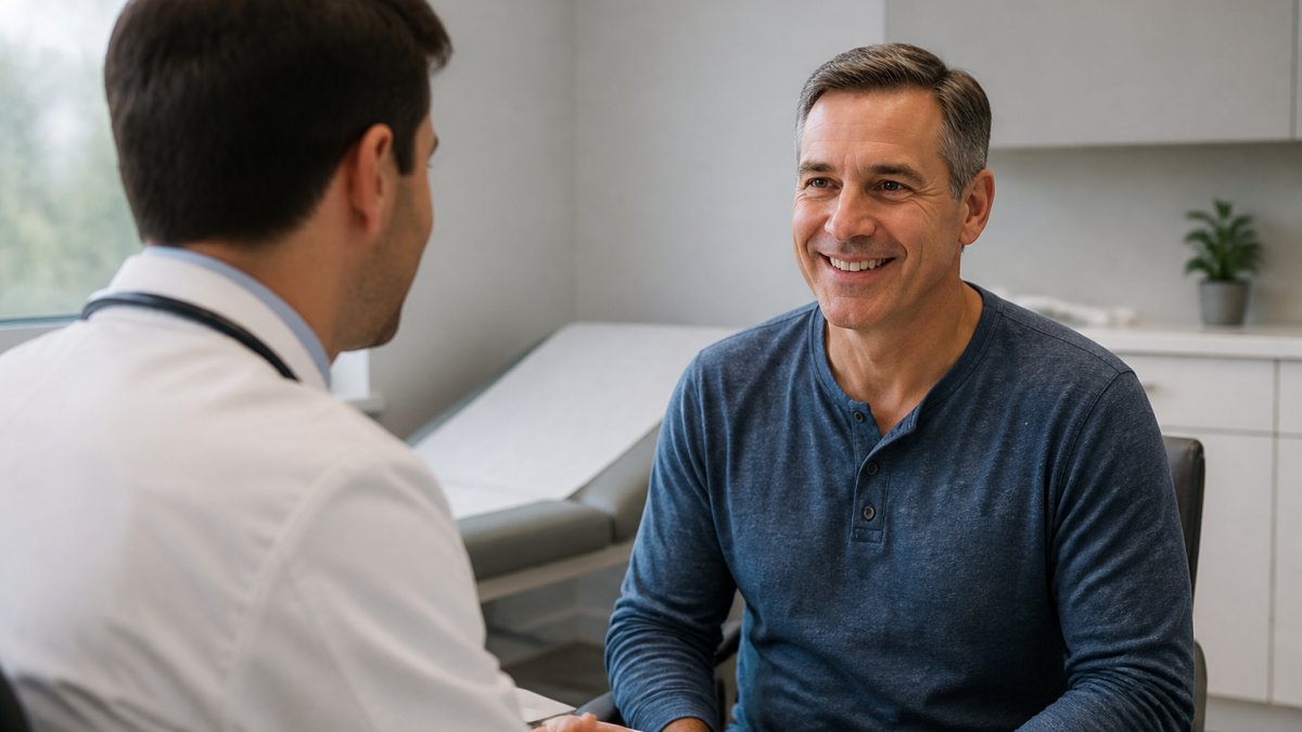 Middle-aged man in a calm, private clinical setting appearing relieved and confident, suggesting improved well-being and successful treatment outcomes with natural lighting