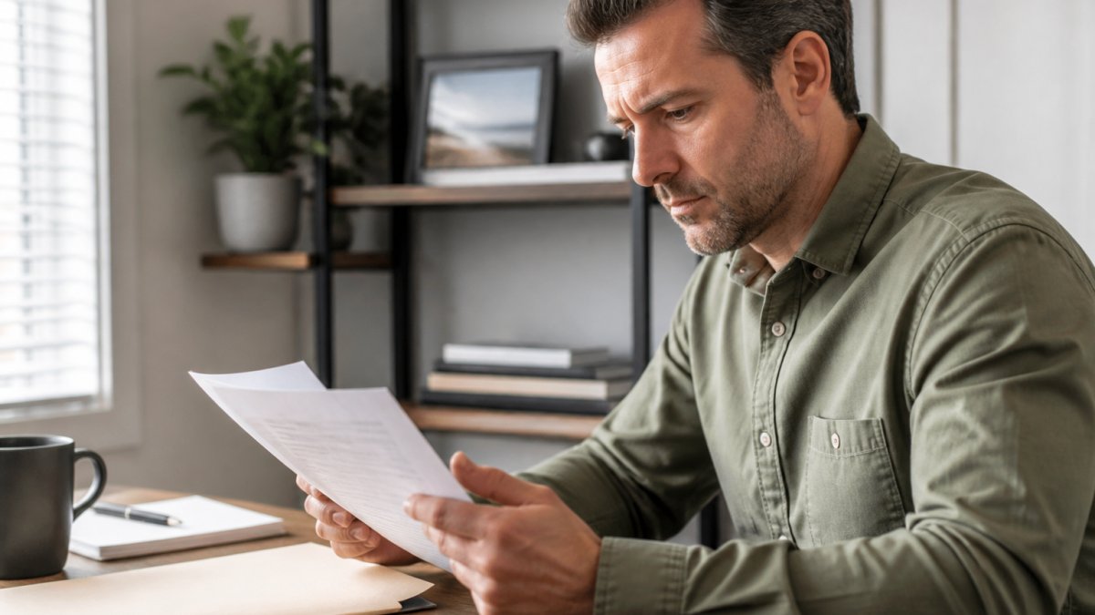 Professional man sitting at home desk reviewing healthcare provider credentials on computer screen with focused, confident expression in natural lighting