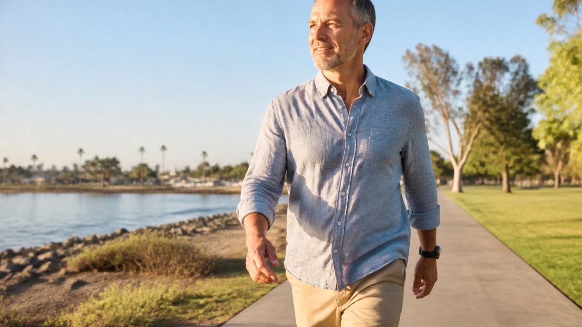 Middle-aged man taking a brisk outdoor walk in sunlight to combat afternoon energy crashes