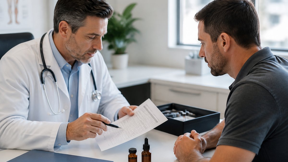 Professional male healthcare provider reviewing lab results and testosterone levels with patient in modern clinical consultation room with natural lighting