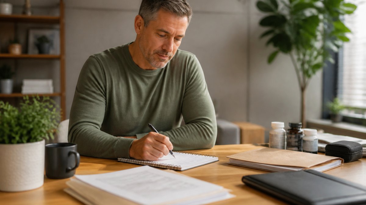 Man at home sitting at a desk with a laptop, notebook, and medical information organized nearby, preparing for a virtual doctor visit with calm, focused expression