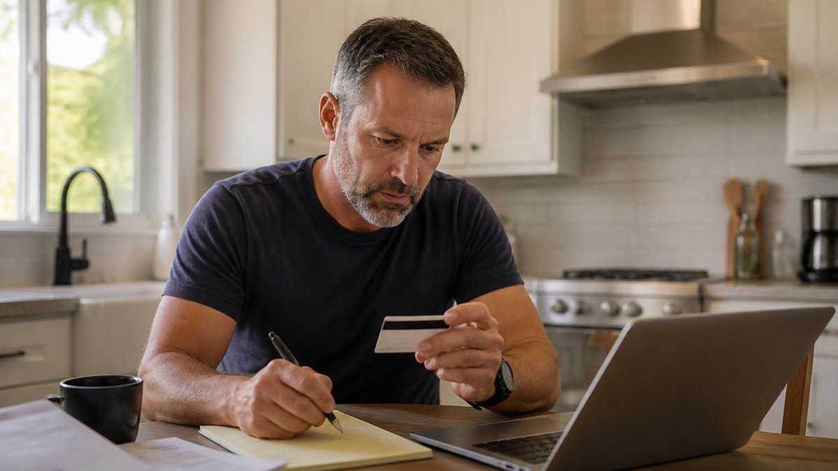 A man in his forties sitting at a kitchen table with a laptop, insurance card, and notepad, comparing provider options on a screen