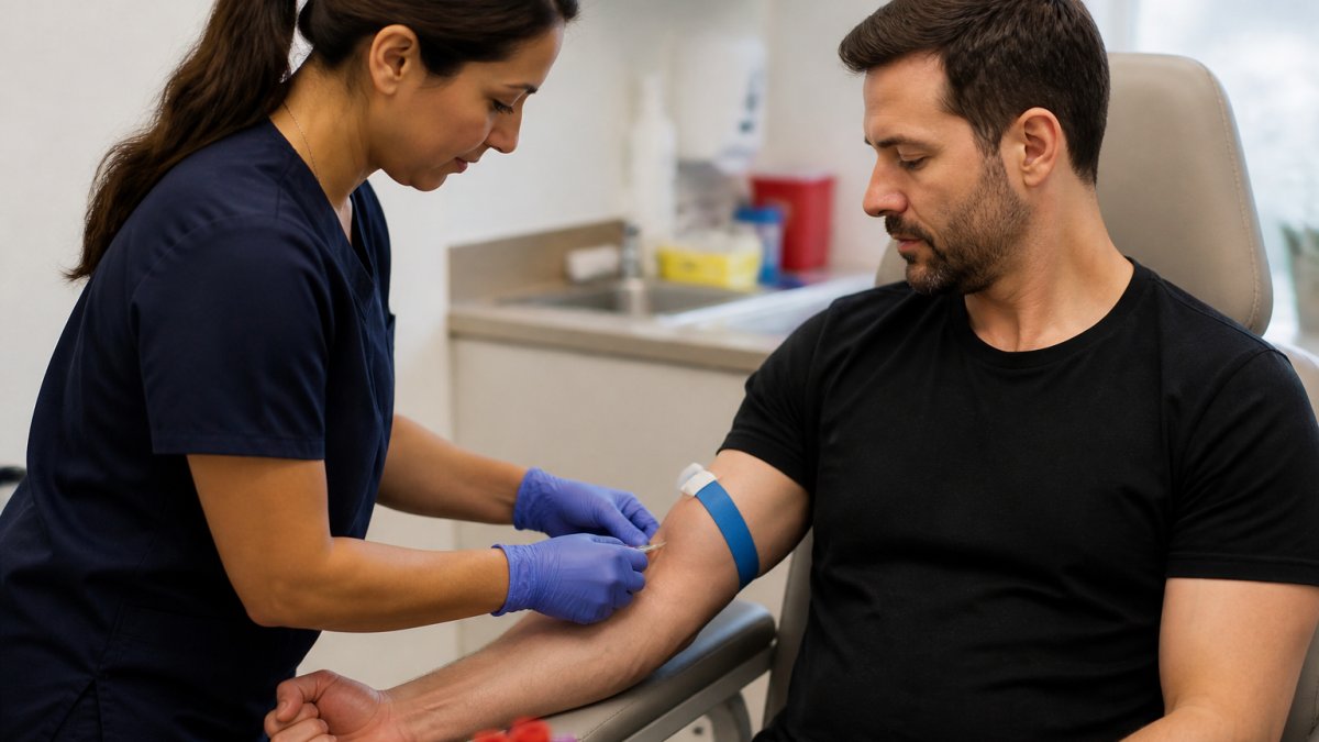 Medical professional drawing blood from patient's arm during blood test, showing proper vein access and sterile technique in modern clinical setting with natural lighting