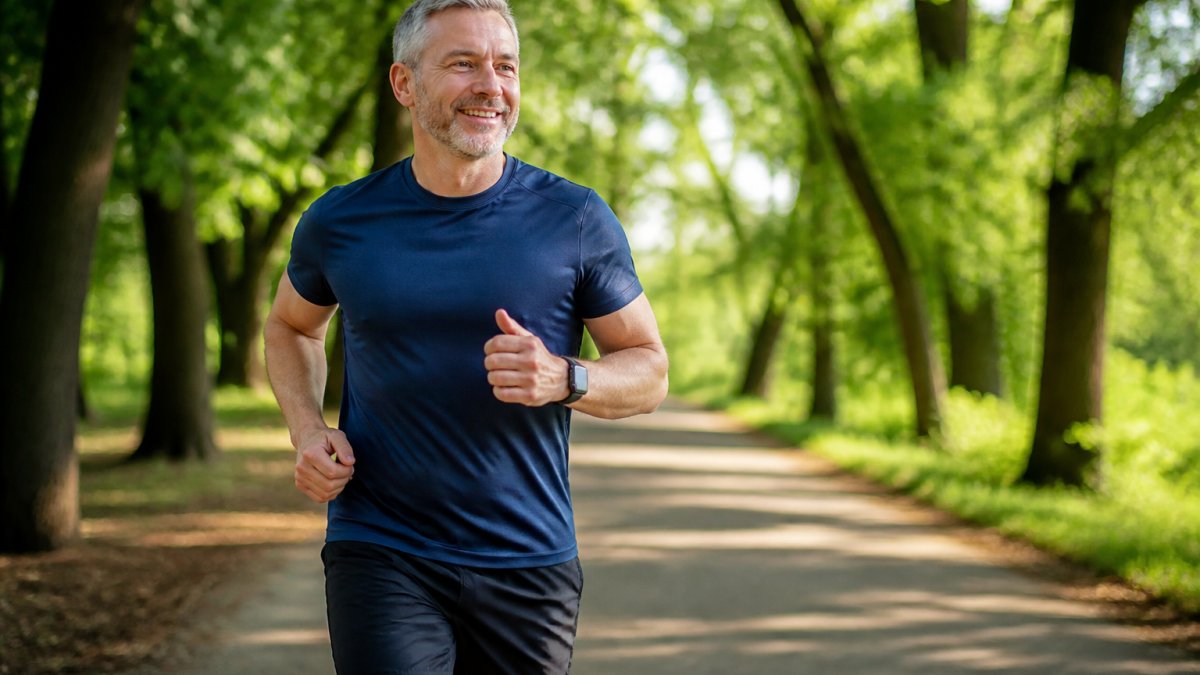 Middle-aged man jogging outdoors on a sunny morning wearing athletic clothes, showing sustained aerobic activity on a tree-lined park trail with natural morning light