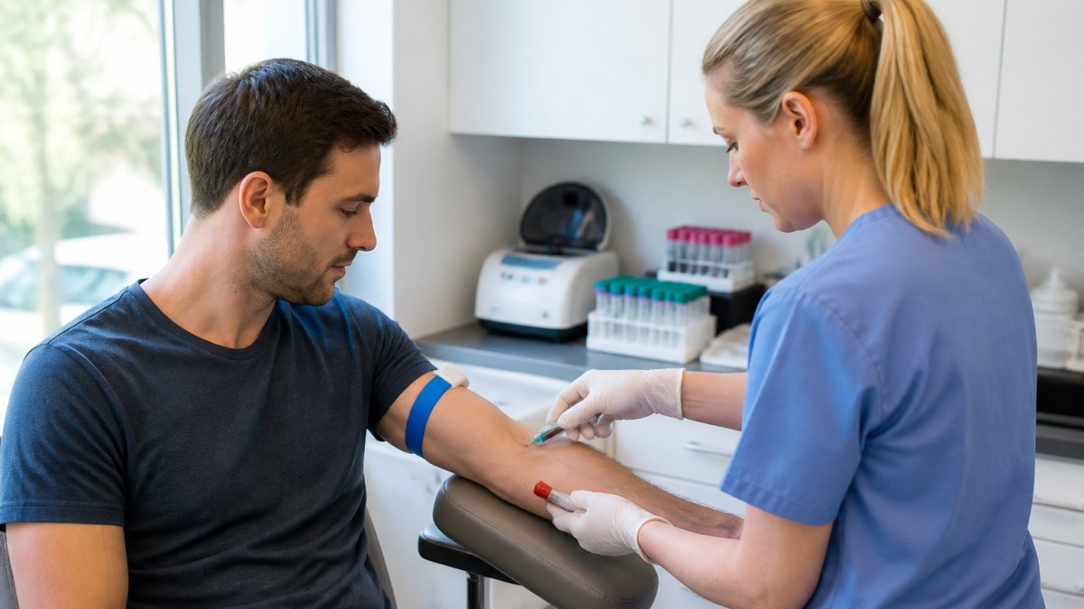 Healthcare professional drawing a blood sample for lab first testosterone therapy in a clinical laboratory