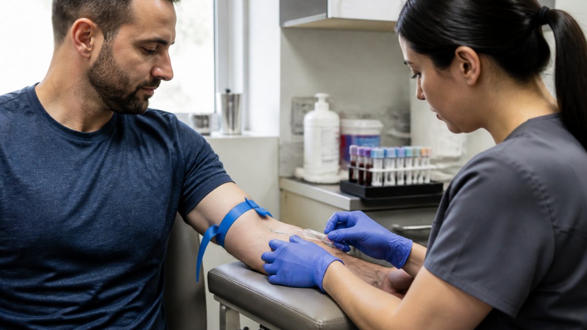 Male patient providing blood sample in modern medical laboratory with healthcare technician using standard phlebotomy equipment