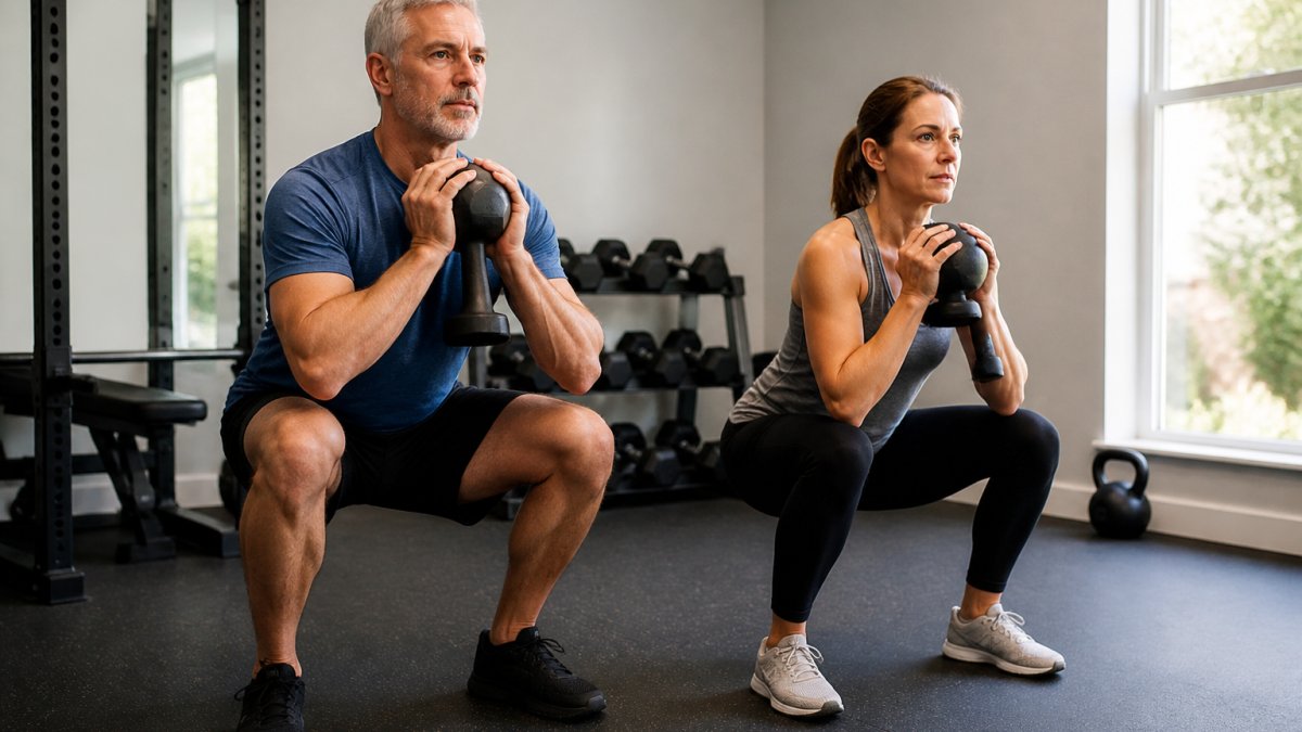 Adult man and woman in their 50s performing goblet squats side by side in a home gym, both using moderate loads with controlled tempo
