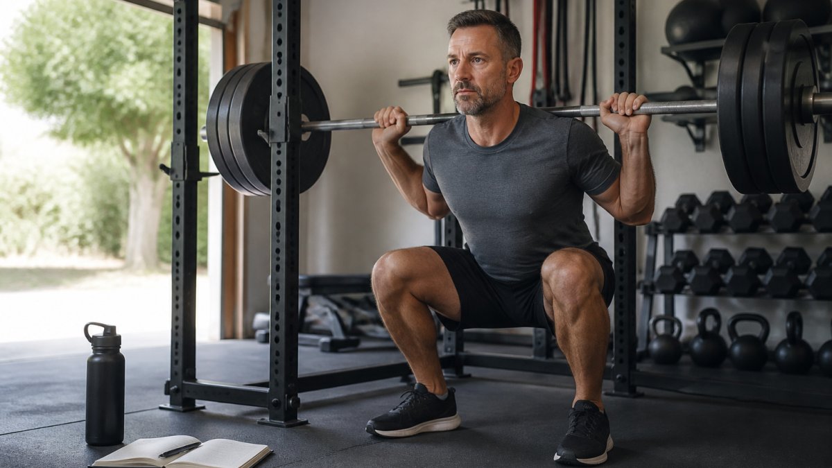 A man in his 40s performing a barbell squat in a clean, well-lit home gym, with a workout log and water bottle nearby