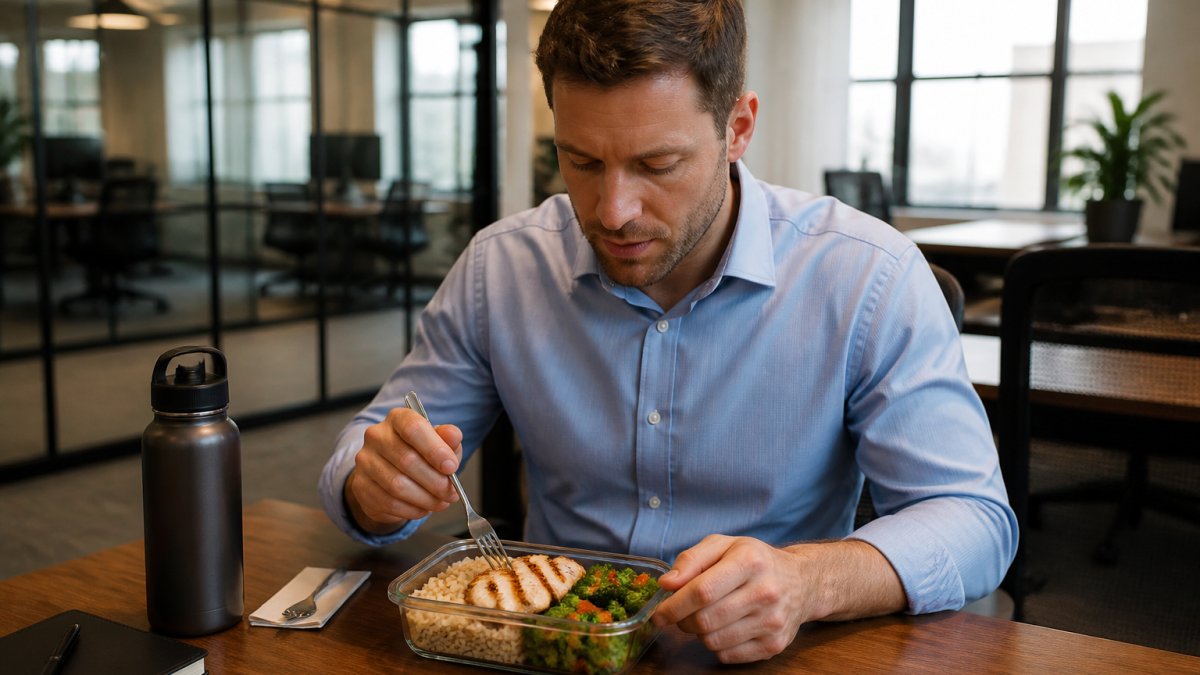 Professional man eating a healthy meal of chicken and rice at his office desk as part of weight loss plans for busy men