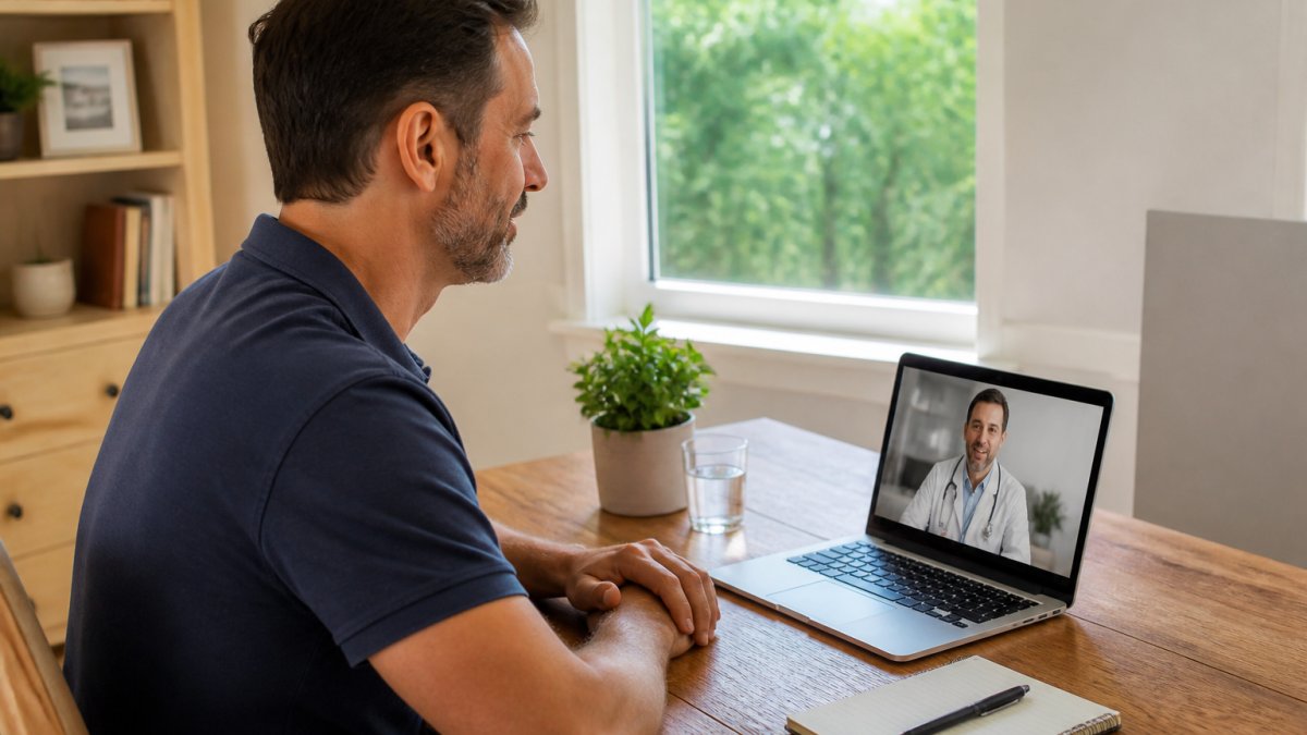 Man in his forties using telemedicine for hormone optimization during a relaxed video consultation at home.