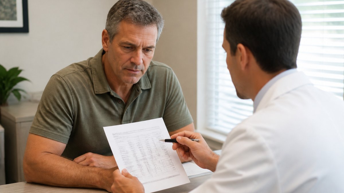Clinician reviewing TRT results on a printed lab report with a patient in a bright medical office