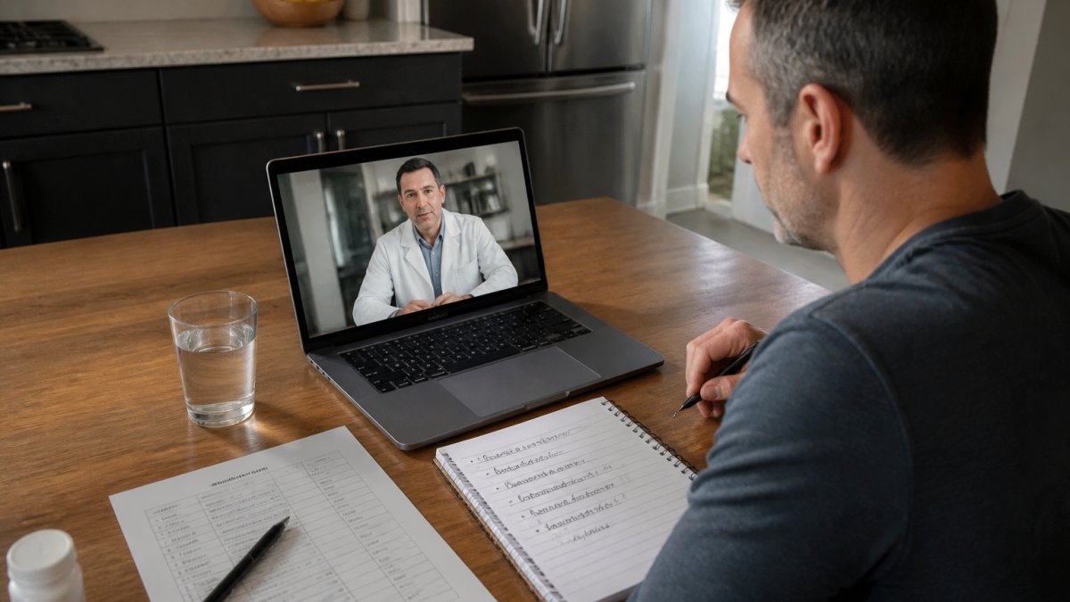 A man in his forties sitting at a kitchen table with a laptop open to a telehealth video call, a notepad with handwritten questions, a medication list, and a water glass beside him in soft morning light